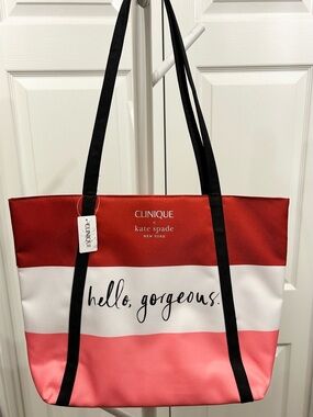 Clinique x kate spade Red, White & Pink Striped 'Hello, Gorgeous' Tote